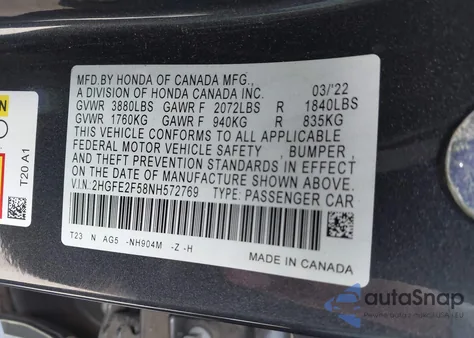 2022 Honda Civic Sport from USA, damaged, VIN 2HGFE2F58NH572769
